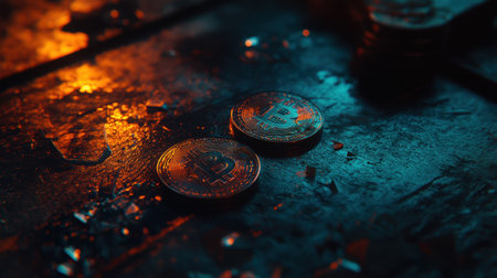 This captivating image features two cryptocurrency coins resting on a dark surface among shards of glass, illuminated by soft glowing lights, presenting a striking visual of digital finance.の素材