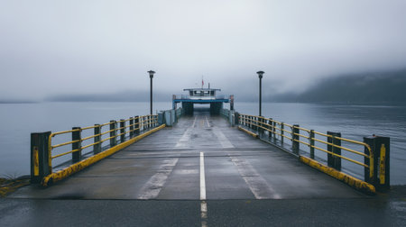 An atmospheric scene featuring a ferry dock extending into calm waters, shrouded in fog. The tranquil setting invites reflection and exploration.の素材