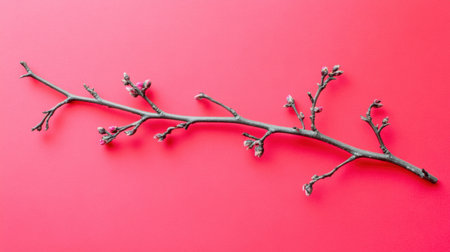 A delicate branch with budding flowers rests against a vibrant pink background, highlighting nature's beauty and simplicity, ideal for artistic and design purposes.の素材