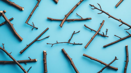 This stock photo features a collection of dry twigs scattered over a bright blue background, ideal for nature-themed designs and creative projects.の素材