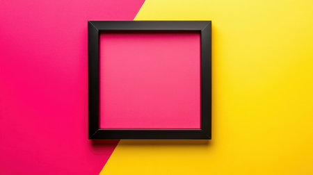 This image features a stylish black frame positioned on a vibrant pink and yellow background, perfect for art displays, creative projects, or modern dの素材