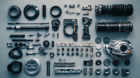 A meticulous arrangement of various mechanical parts and components on a gray background, perfect for industrial, engineering, and manufacturing themes.の素材