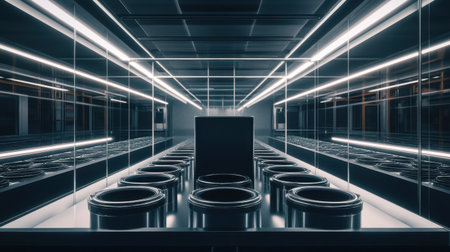 This image captures a modern minimalist interior featuring mirrors and cylindrical containers arranged symmetrically, creating a futuristic atmosphere.の素材