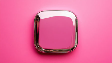 This image features a glossy pink square shape with a metallic border, set against a vibrant pink background, ideal for artistic and design projects.の素材
