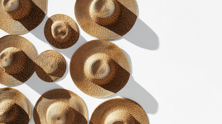 A captivating arrangement of woven straw hats resting on a bright background, casting long shadows that enhance visual appeal and texture. Perfect for summer-themed projects.の素材