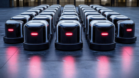 A striking arrangement of futuristic delivery robots is set on an urban pavement at dusk, showcasing innovative technology and modern design aesthetics.の素材