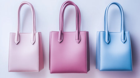 Featuring three colorful handbags in pink and blue shades, this image showcases trendy fashion accessories for modern women, perfect for daily outfits.の素材