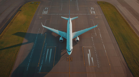 This aerial image showcases a modern passenger airplane stationed on a runway, prepared for takeoff. The scenery highlights the airport's infrastructure and surrounding landscape, illustrating the essence of aviation and travel.の素材