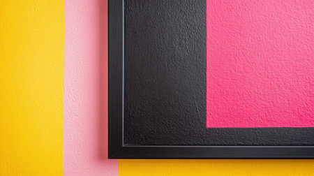 This image showcases a vibrant geometric design featuring a black frame set against a backdrop of yellow and pink walls. The artistic textures create a modern and stylish atmosphere, perfect for inspiring creativity in home or office decor.の素材