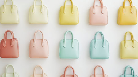 A striking arrangement of colorful handbags displayed on a wall, showcasing a variety of pastel shades. This image embodies modern fashion aesthetics with stylish design elements.の素材