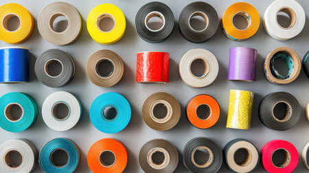 A visually appealing flat lay of various crafting tapes arranged in an organized pattern. The bright colors and textures inspire creativity and showcase artistic supplies for all crafting projects.の素材