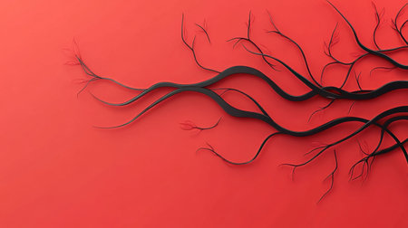 This stunning abstract design features black branches sinuously flowing across a bright red background, ideal for modern art and creative projects.の素材