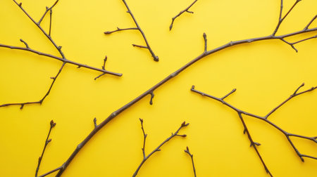 A captivating arrangement of twigs scattered against a vibrant yellow background, perfect for nature-inspired designs, minimalist art projects, or creative compositions.の素材