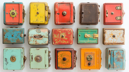This image features an array of vintage decorative lock boxes showcasing colorful patinas and distressed finishes, creating a visually striking pattern and nostalgic appeal.の素材