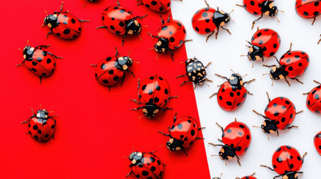 This captivating image features a cluster of vibrant ladybugs on a striking red and white background, showcasing their unique patterns and colors.の素材