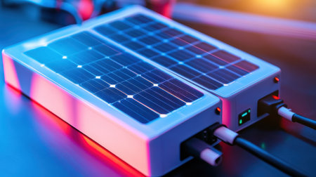 A modern solar panel charger featuring solar cells and power connections, ideal for eco-friendly energy solutions and sustainable living practices.の素材