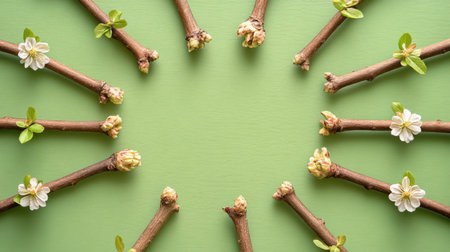 This captivating image features a harmonious arrangement of twigs and delicate blossoms, set against a soft green background, evoking the essence of spring. Perfect for nature-inspired designs or ecological themes.の素材