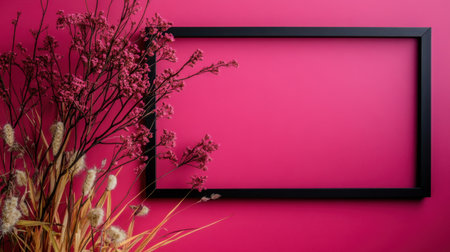 This image features a vibrant pink background complemented by a black frame and a dried floral arrangement, ideal for artistic expression and interior decorations.の素材
