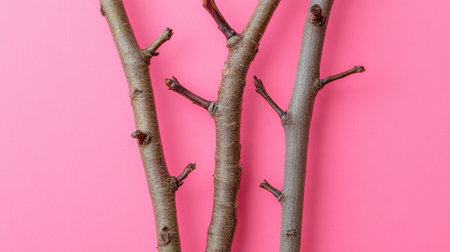 Three uniquely shaped wooden branches stand out against a vibrant pink background, offering a fresh, artistic touch perfect for design projects or decor.の素材