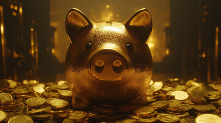 A stunning image of a golden piggy bank sitting atop a mound of coins, symbolizing financial success and wealth in a luxurious environment.の素材