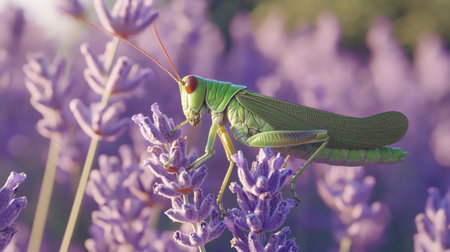 A stunning close-up captures a green grasshopper perched on beautiful lavender flowers. The vibrant colors and intricate details highlight nature's beauty and tranquility.の素材