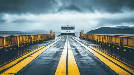 A captivating view of a ferry docked at a pier under a dramatic stormy sky. The wet pavement reflects the ominous clouds and tranquil water.の素材
