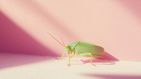 A solitary bright green grasshopper stands against a soft pink background, showcasing its intricate details, vibrant color, and shadows that create an artistic feel.の素材