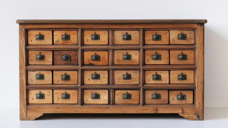 This antique wooden storage cabinet features multiple drawers, perfect for organizing items or enhancing any space's vintage charm and decor appeal.の素材
