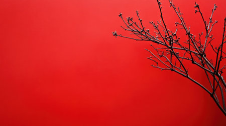 A stunning arrangement of bare branches set against a bold red backdrop, highlighting the beauty of nature in a simplistic and modern context.の素材
