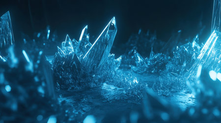 A breathtaking scene featuring glacial crystals bathed in a soft blue light, creating an enchanting and serene atmosphere against a dark backdrop.の素材