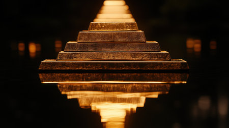 A stunning visual of a golden pyramid reflected in calm water at dusk, evoking a tranquil and mystical ambiance in nature that captivates viewers.の素材