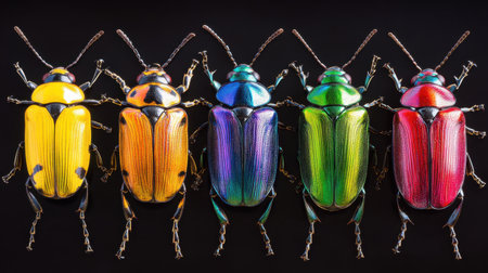This striking image captures a collection of colorful beetles, showcasing their unique patterns and vibrant hues against a sleek black background. Ideal for educational or artistic purposes.の素材