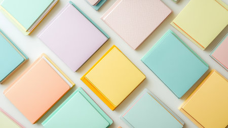 A visually appealing flat lay of colorful square paper notebooks in pastel shades, perfect for inspiring creativity and organization in any workspace.の素材