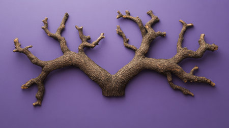 This image features an intricate tree branch sculpture set against a vibrant purple background, showcasing unique textures and organic forms. Perfect for art and nature themes.の素材