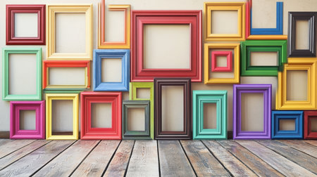 A vibrant collection of colorful empty picture frames arranged on a wall over a wooden floor, creating an artistic and inviting space for creativity.の素材