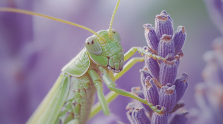 A stunning close-up photograph of a green grasshopper perched on a lavender flower, showcasing its intricate features and vibrant color against a soft focus background.の素材