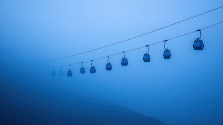 A captivating scene showcasing a row of gondola cable cars suspended above a mystical blue fog, creating a serene and tranquil atmosphere perfect for explorers.の素材