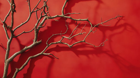 A striking composition featuring a dry branch against a vivid red wall, casting intricate shadows and showcasing the interplay of light and texture. Ideal for artistic and creative projects.の素材