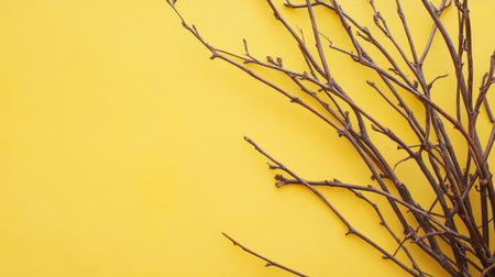 This image features dry branches artfully arranged against a bright yellow background, creating a striking contrast. Perfect for minimalist decor or nature-themed projects.の素材