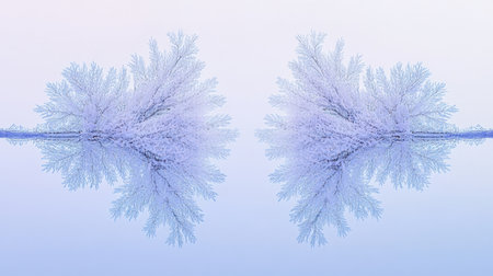 A serene winter landscape showcases frosty branches mirrored in calm water, enveloped in soft pastel hues, creating a tranquil and delicate scene.の素材