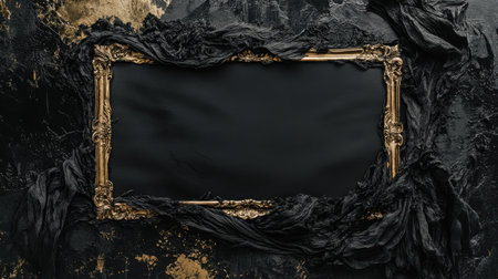 This striking image features an empty black frame, elegantly bordered by luxurious dark fabric and rich textures, ideal for artistic presentations.の素材