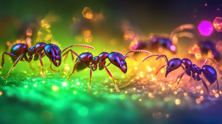 This mesmerizing close-up image captures colorful ants in motion on a shimmering surface, showcasing their intricate details and vibrant surroundings.の素材