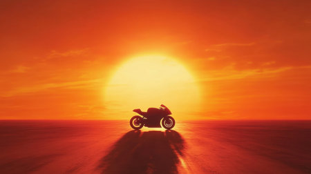 A captivating silhouette of a motorcycle set against a breathtaking sunset, showcasing vivid orange and yellow colors that create a striking reflection on the asphalt.の素材