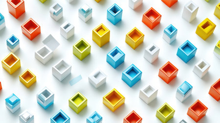 This stock image features an array of colorful geometric blocks arranged playfully on a white background, capturing creativity and modern design.の素材