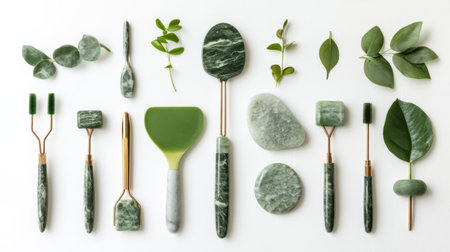 This image showcases a carefully arranged collection of green beauty tools and fresh leaves, symbolizing a spa-like atmosphere for wellness and self-care.の素材