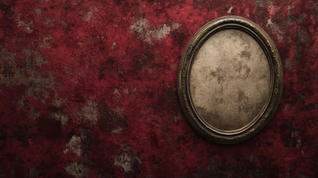 This image features a vintage oval frame against a rich red textured background, ideal for art lovers and interior decorators seeking unique design inspiration.の素材