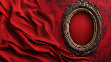 This captivating image features rich red fabric elegantly draped next to a vintage frame, inviting creativity for artistic projects and designs.の素材