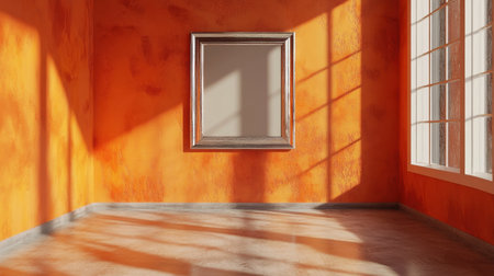 This vibrant orange room features a large empty frame and streams of natural light illuminating the space, creating a warm and inviting atmosphere.の素材
