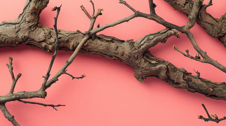 A detailed view of a natural branch with textured bark set against a vibrant coral background. Ideal for artistic projects, nature-themed designs, and creative presentations.の素材