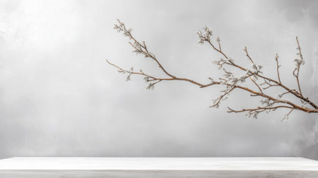 This elegant minimalist image features a delicate branch set against a soft gray background, resting on a simple white surface, creating a tranquil atmosphere.の素材